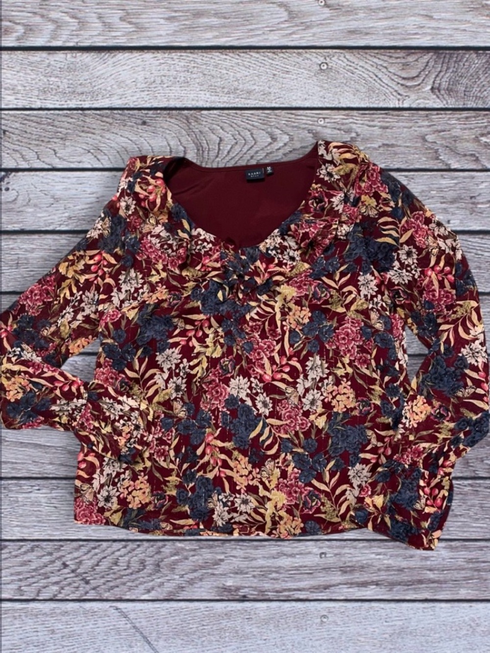 Kaari Blue Burgundy Floral Long-Sleeve Ruffle V-Neck Top M